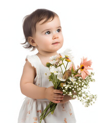 Innocence in Bloom: A Toddler with Flowers. Isolated on white background.