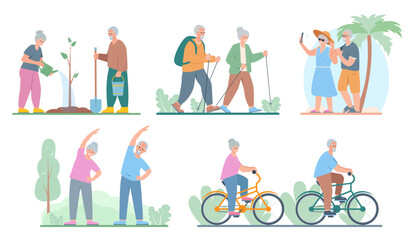 Senior people active healthy lifestyle and hobbies set. Elderly men and women walking, gardening, cycling, traveling and doing exercises. Vector cartoon or flat illustration.