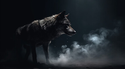Portrait of a wolf on a black background with smoke and fog.generative ai