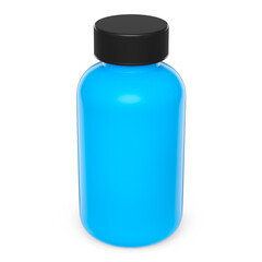 Blue plastic jar for sport nutrition whey protein powder isolated on white