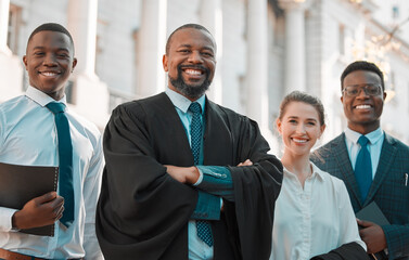 Weve got his back. a group of lawyers standing in the city.