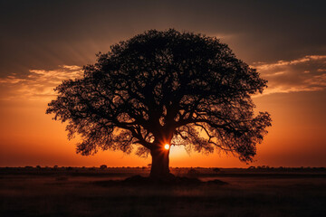 Fototapeta na wymiar Sunset or sunrise with tree silhouette. Ai generated