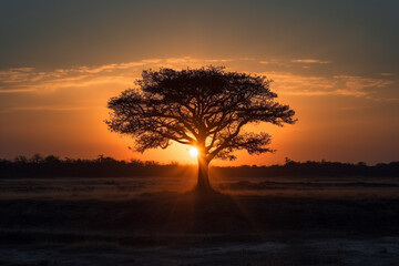 Sunset or sunrise with tree silhouette. Ai generated