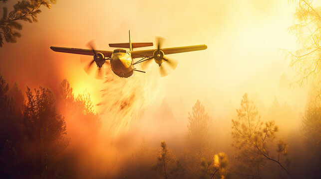 Heroic Firefighting: Anti-Fire Plane in Action, soft yellow and red background, view of a forest in thick smoke, AI