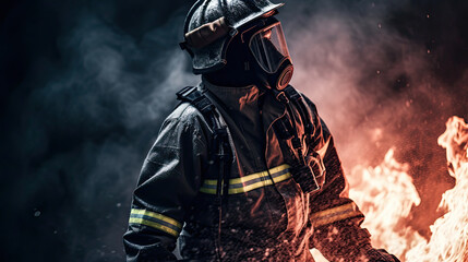 fireman in action, cinematic and professional studio shot, character centered, dark and smoke background, AI