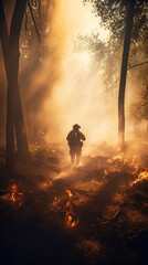 Fototapeta premium firefighter alone in the smoke of a forest fire, orange fog, courage, fire fight illustration, AI