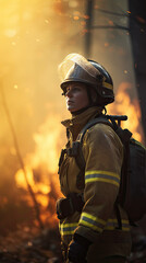 Female Firefighter on a Mission to Protect Forest and Community, upright , pride and orange blur background, AI