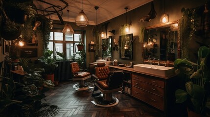 Barbershop with warm and cozy atmosphere decoration plants. AI generated