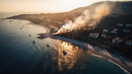 Fire view from sky, wide beach, smoke residential area, dramatic panorama in sunset, AI