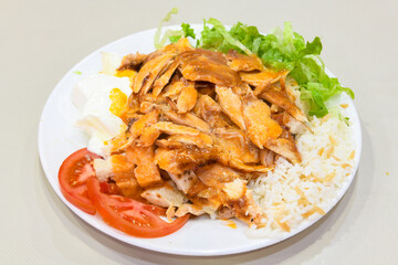 Traditional turkish iskender kebab in copper plate with yogurt, grilled tomatoes and fresh vegetables.