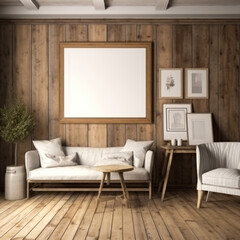 realistic mock up panorama picture frame in rustic house, Generative Ai