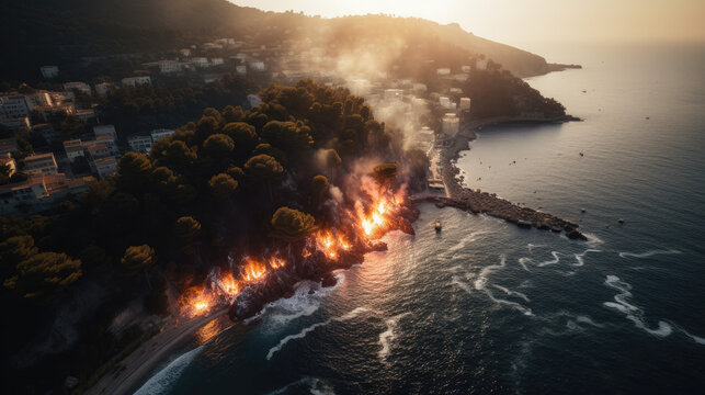 Aerial photography of mediterranean wildfire near seaside town in southern France, fire danger, cinematic view and light, lens flare sunset, AI 