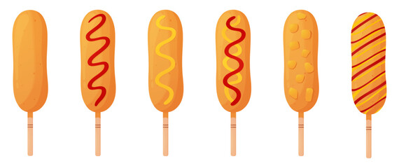 Big set of Corn dogs. Sausage in dough on a stick with and without condiments. American or Korean street food. Detailed flat illustration. Fastfood concept. Isolated on a white background.