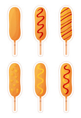 Set of Corn dogs for cut out. Sausage in dough on a stick with and without condiments. American or Korean street food. Detailed flat illustration. Fastfood concept. Isolated on a white background.
