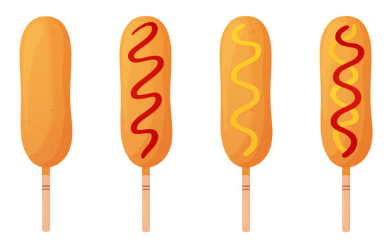 Set of Corn dogs. Sausage in dough on a stick with and without condiments. Fastfood concept. American or Korean street food. Detailed flat illustration. Isolated on a white background.