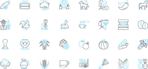 Farmers' market linear icons set. Organic, Fresh, Local, Seasonal, Produce, Vendors, Community line vector and concept signs. Sustainable,Environment,Farming outline illustrations