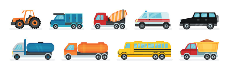 Tractor, Cement Truck, Ambulance, School Bus and Dump Truck as Cars and Wheeled Motor Vehicle Vector Set