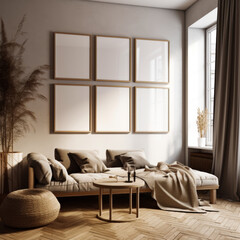 white empty poster frame, white empty poster frame on the wall of living room. Luxurious apartment background with contemporary design. Modern interior design. scandinavian interior, Generative AI