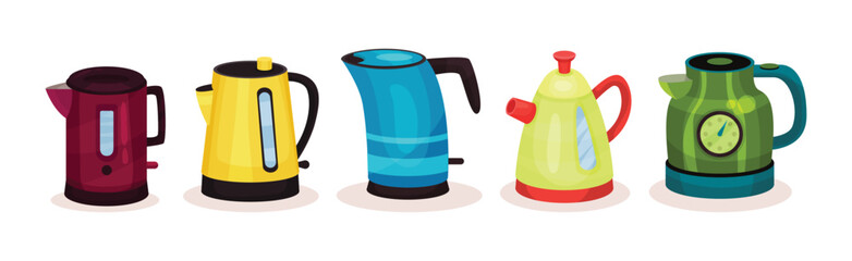 Electric Kettle as Pot for Boiling Water with Lid, Spout and Handle Vector Set