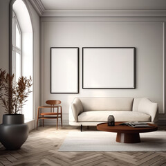 white empty poster frame, white empty poster frame on the wall of living room. Luxurious apartment background with contemporary design. Modern interior design. scandinavian interior, Generative AI