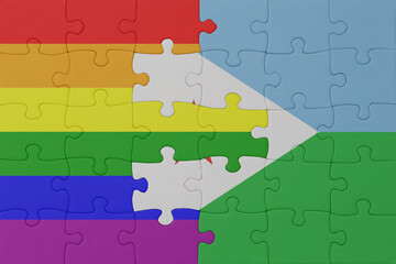 puzzle with the flag of rainbow gay pride and djibouti . macro.concept.