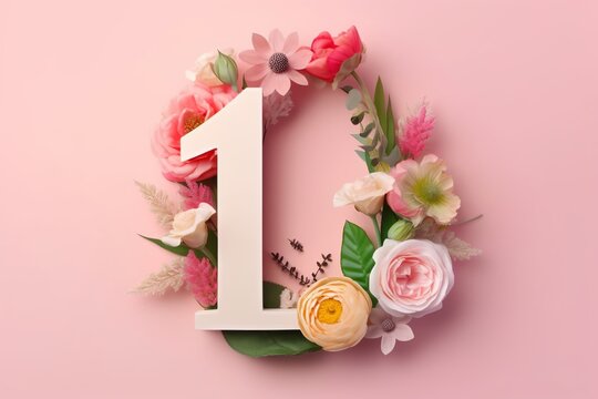 Spring concept of creative number 1, one, flat lay. The date for the celebration, fresh Spring flowers on pastel pink background