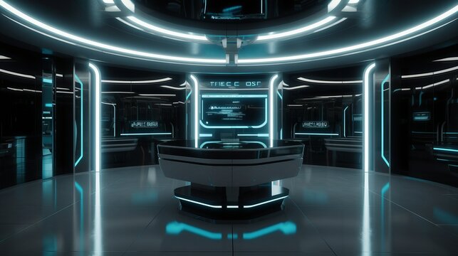 Futuristic business space interior, neon glowing. AI generated