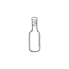 Glass bottle for olive oil, wine, vinegar in black isolated on white background. Hand drawn vector sketch illustration in doodle vintage engraved style. Beautiful bottle with cork.