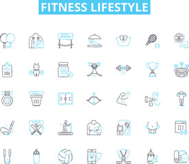 Fitness lifestyle linear icons set. Exercise, Strength, Cardio, Health, Wellness, Nutrition, Yoga line vector and concept signs. Fitness,Muscles,Endurance outline illustrations