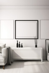 realistic mockup panorama picture frame in white contemporary house, Generative Ai