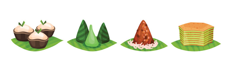 Arabic Sweets Served on Green Leaf Vector Set