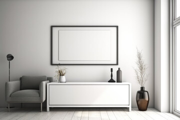 realistic mock up panorama picture frame in white contemporary house, Generative Ai