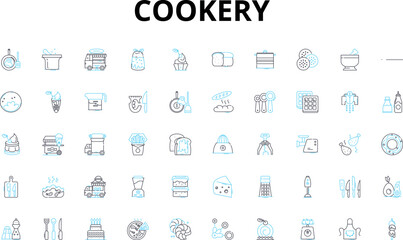 Cookery linear icons set. Spices, Recipe, Flavors, Baking, Seasoning, Fry, Grilled vector symbols and line concept signs. Sauteed,Roasted,Simmer illustration