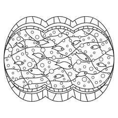 Undersea Coloring book page. Black and white vector illustration. Fish, air bubbles