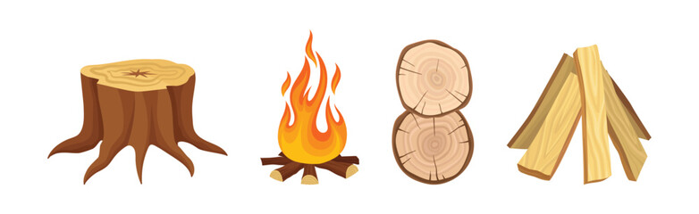 Lumber and Timber as Firewood Wooden Material Used for Fuel Vector Set