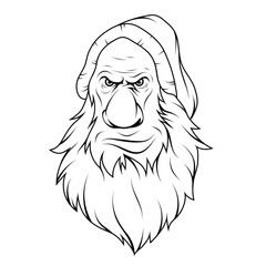 Gnomes head. Vector illustration of a sketch mythological creature. A miniature spirit in magic and alchemy