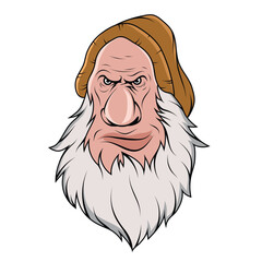Gnomes head. Vector illustration of a mythological creature. A miniature spirit in magic and alchemy