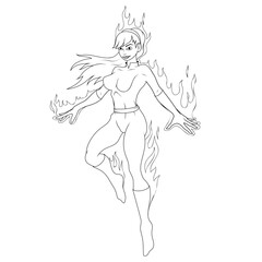 Fototapeta na wymiar Fire girl. Vector illustration of a sketch beautiful mystical woman. Flying superheroine