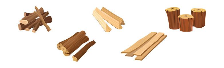 Lumber and Timber as Firewood Wooden Material Used for Fuel Vector Set