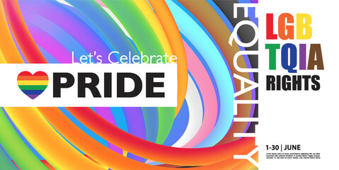 LGBTQIA PRIDE banner with 3D wave Pride flag color background. Vector illustration template for festival parades, parties, and social events.