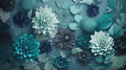 Fototapeta na wymiar Floral abstract background with blue gradient in cool color. Beautiful dogital image. Floral illustration. Created using generative AI. 