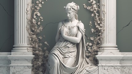 Sculptural art, a white statue of a woman dressed in flowing robe between two marble columns. Background. Generative AI.  - obrazy, fototapety, plakaty