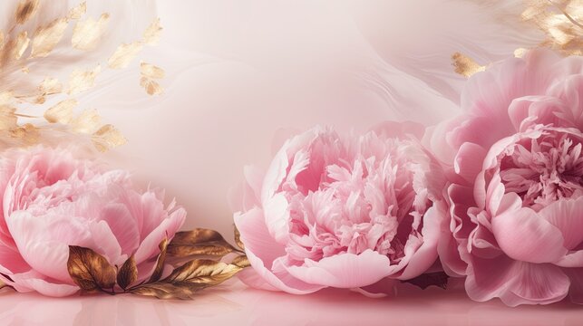 Luxurious background with peonies in shade of pink color tones. Decorated with golden addition. Unique floral image for wedding, celebration, wallpaper. Generative AI. 