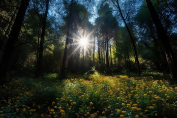 Obraz premium A tranquil forest with tall trees and a variety of plants and flowers