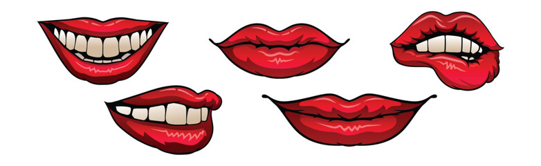 Red Upper and Lower Lips Closed and Showing Teeth in Smile Vector Set