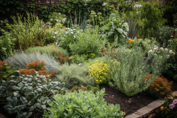 A colorful and fragrant herb garden, with basil, thyme, and rosemary visible in the foreground