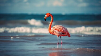 summer mood animal background, pink flamingo walking in water at coastal beach, Generative Ai