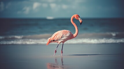 Fototapeta na wymiar summer mood animal background, pink flamingo walking in water at coastal beach, Generative Ai