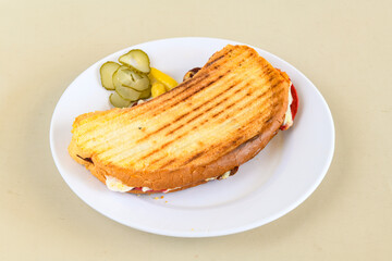 Turkish karisik atom Ayvalik tost ( kasarli bazlama tost) . Sucuklu, Kasarli, kavurmali karisik tost. Flat baked bread toasted