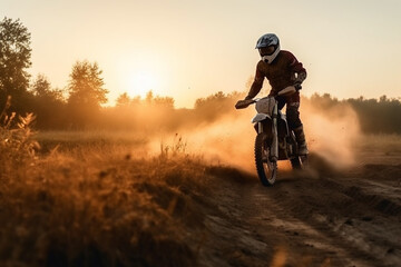 Low angle view of Enduro motocross rider jumping high up off-road at sunset. Copy space  Generative AI